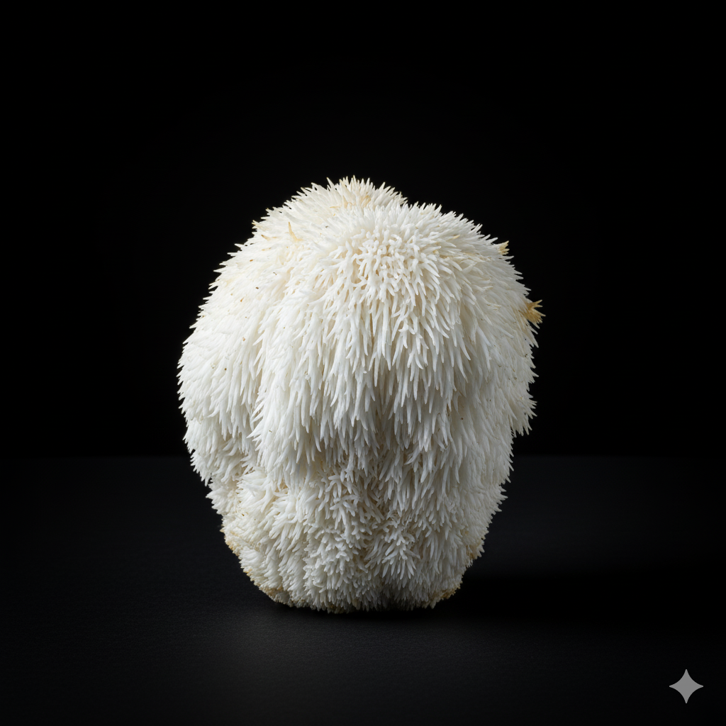 A fluffy, white Lion's Mane mushroom